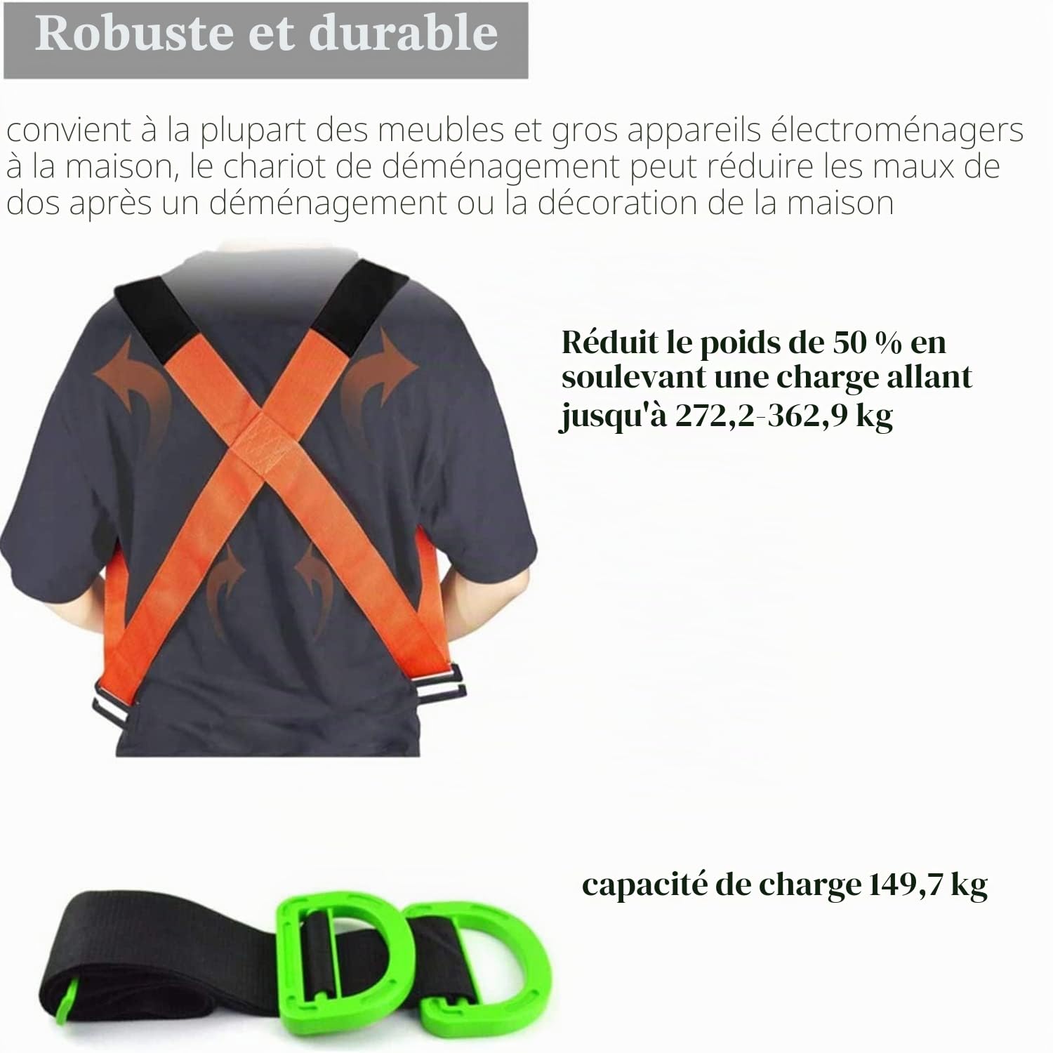 Sangles déménagement pour meubles, 2 sangles levage réglables et sangle de levage pour une personne pour déplacer des meubles, des appareils, des objets lourds et encombrants en toute sécurité