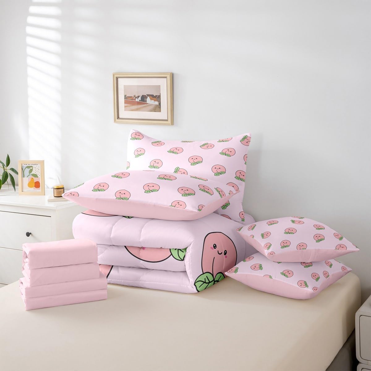 Erosebridal Cartoon Full Comforter Set Pink Peach 7 Pieces Bedding Kids Kawaii Bed Set with Sheets Girl Lovely Cute Fruits Bed in A Bag Bedroom Decor