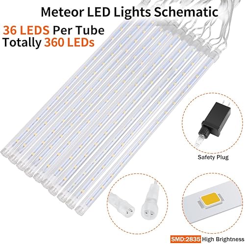 Vista 23 de JJGoo Luces de Navidad, luces de lluvia de meteoritos, 10 tubos de 12 pulgadas, 240 LED, luz de carámbano, luz de lluvia para exteriores