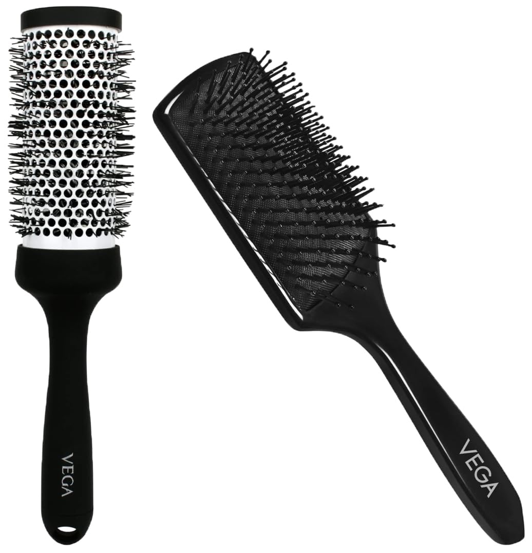 VEGA Hot Curl Brush Medium, black, 125 g & VEGA Premium Collection Mini Paddle Hair Brush for Men & Women, (8586 M)