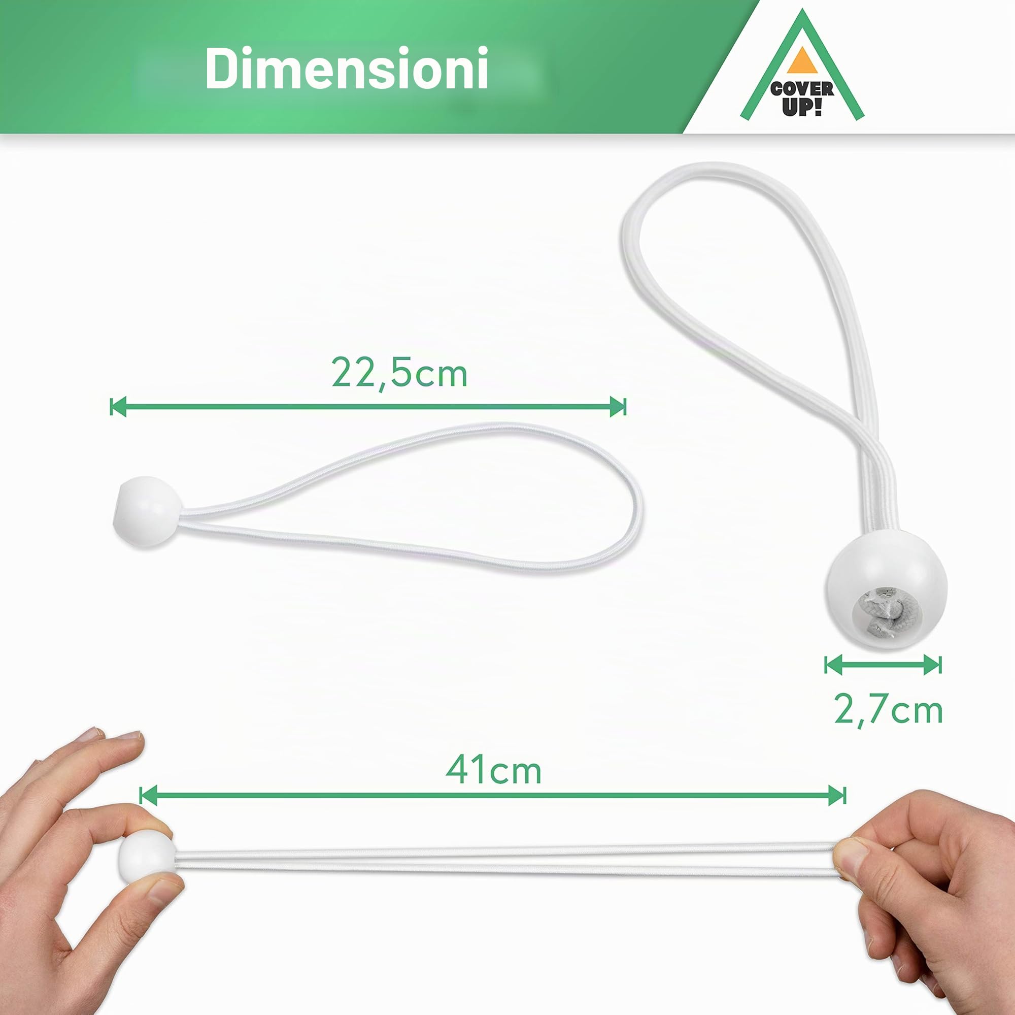 CoverUp! 25 elastici per telone - gomma di tensionamento sicura per un fissaggio ottimale - pratiche imbracature ad espansione per ogni utilizzo - elastici con sfera - bungee ball (bianco)