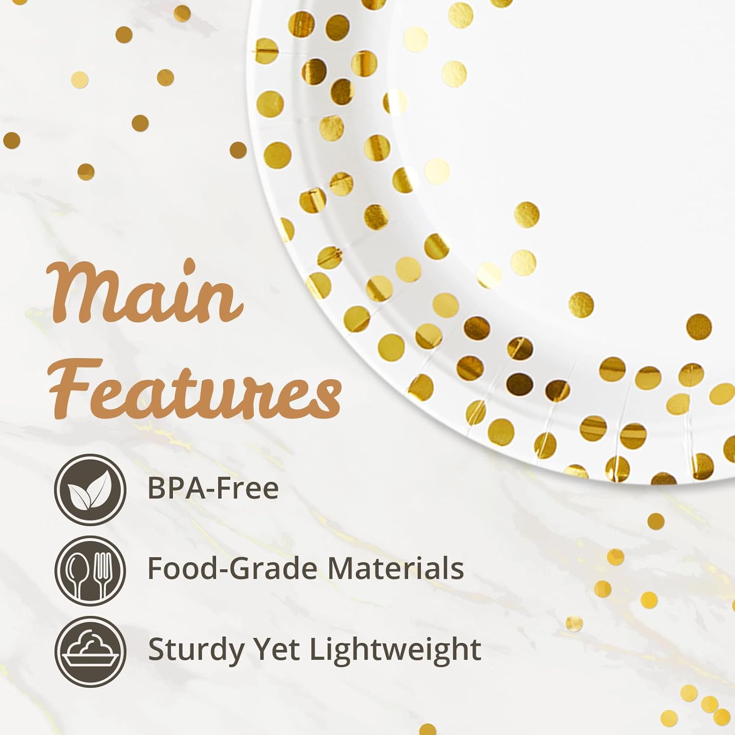 MATICAN Party Paper Plates, 100-Pack Disposable White and Gold Plates, Foil Polka Dots, 9-Inch - Image 5