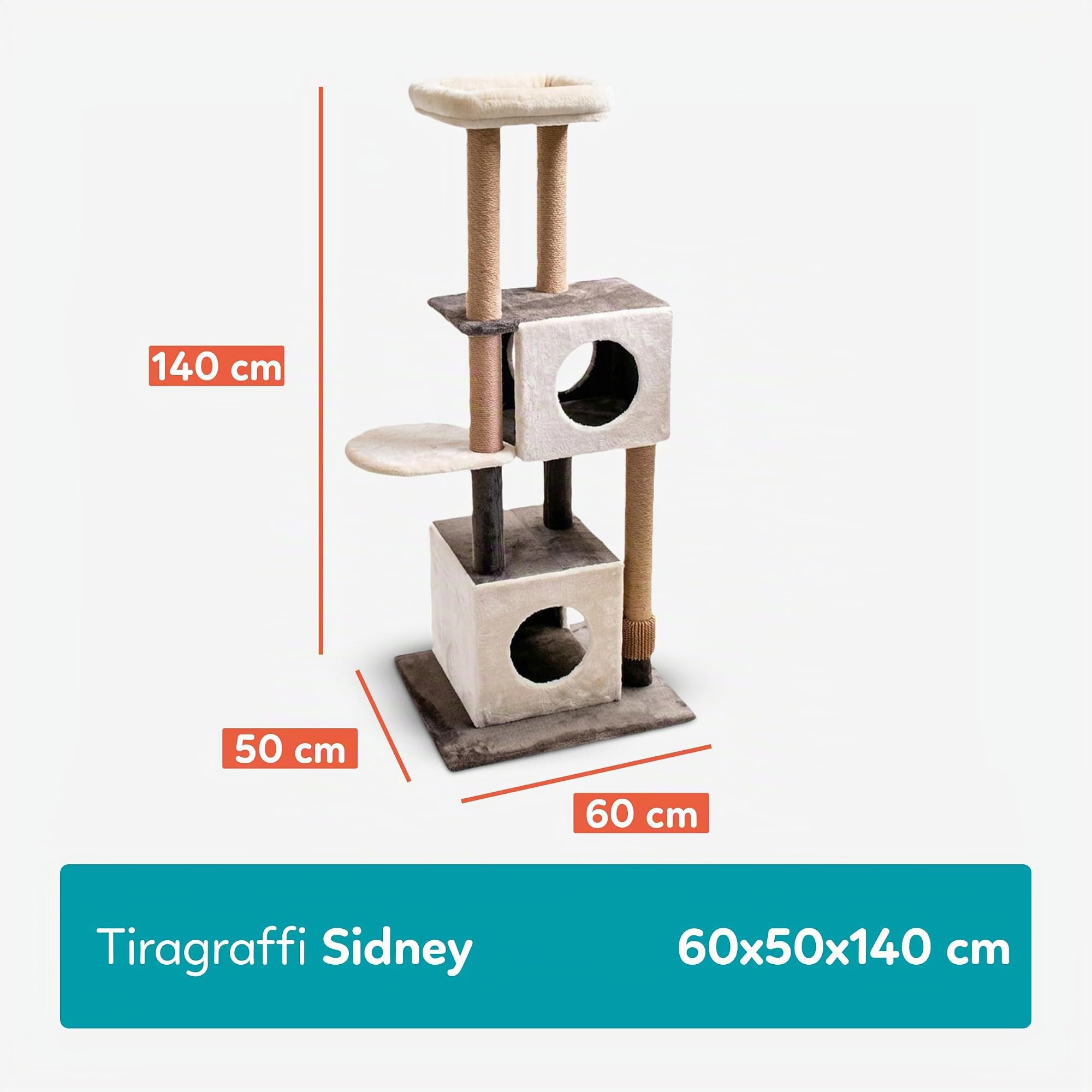 Aqpet Rascador XXL 140 cm de Cuerda de sisal con Doble caseta y Plataforma para el máximo Disfrute de su Gato