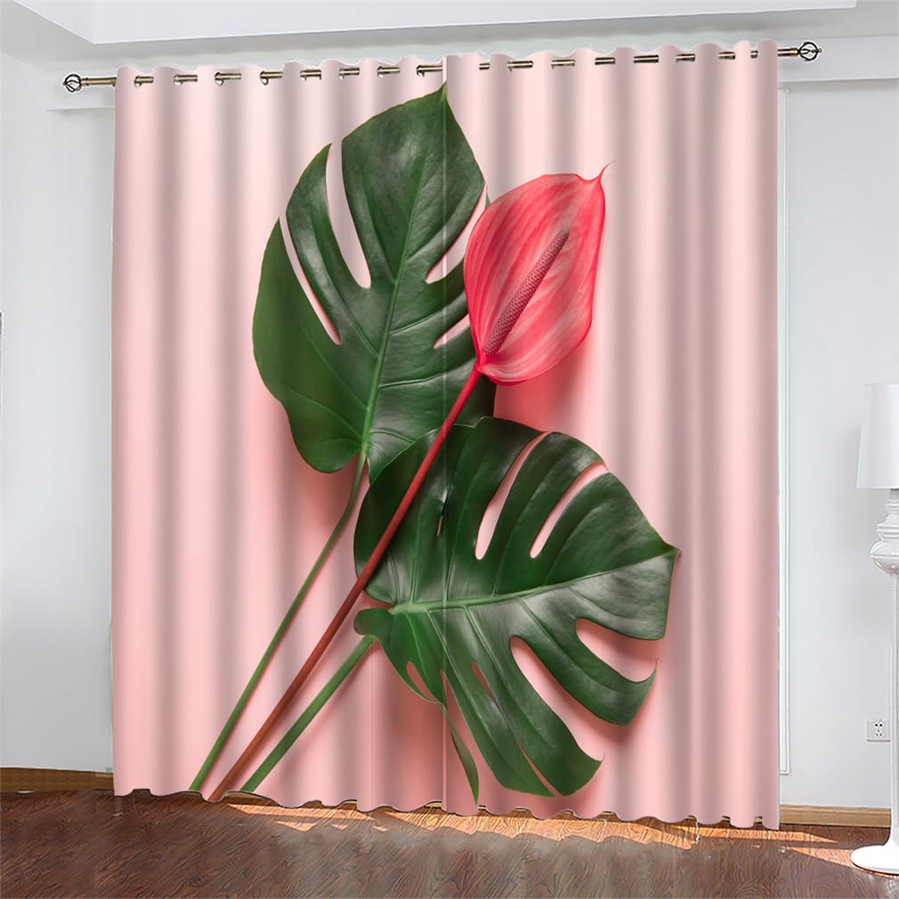 Tomifine Tropical Curtains Thermal Insulated Blackout Curtains Palm Tree Leaf Pattern Drapes (46" W (117cm) x 54" D (137cm) x 2,Red Green)