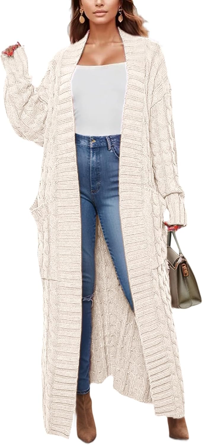 Sheocivy Long Cardigan Sweaters for Women 2026 Spring Fall Open Front Long Sleeve Clable Knit Sweater Coat with Pockets