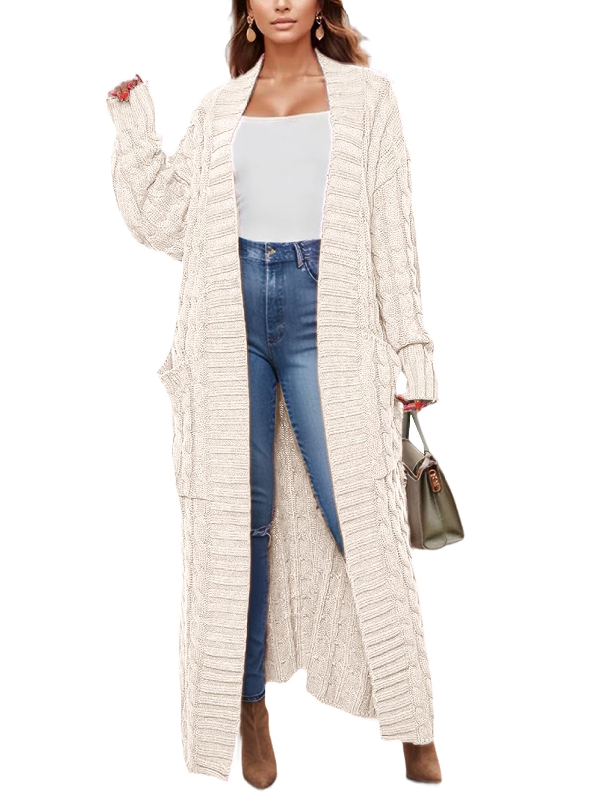 Fall Cardigan Sweaters for Women Open Front Long Sleeve Clable Knit Winter Sweater Coat with Pockets