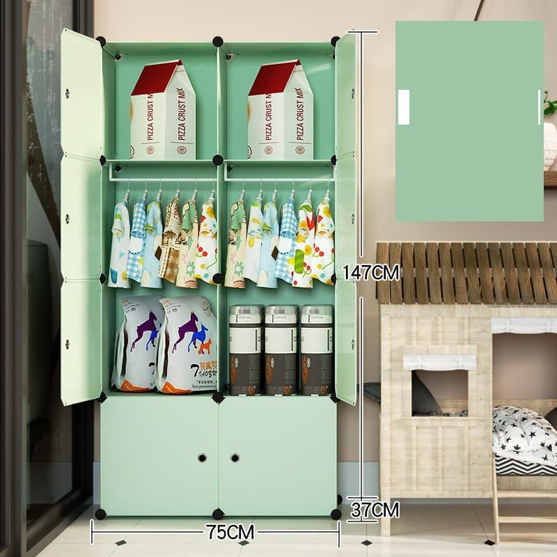 Image of 8 Door Foldable Plastic Wardrobe for Clothes Baby Cupboard for Clothes Storage, Wardrobe for Kids, Plastic Almirah, Collapsible Wardrobe for Living Room (Green-Y3, 8-Door)
