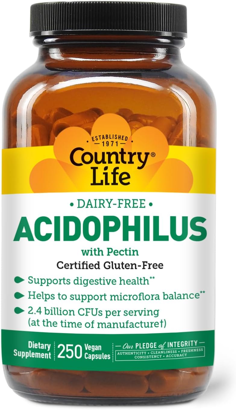 Country Life Acidophilus Probiotic Supplement for Women & Men – Free from Common Allergens – 2.4 Billion CFUs to Support Digestive Health – Dairy-Free, Non-GMO, 250 Vegan Capsules