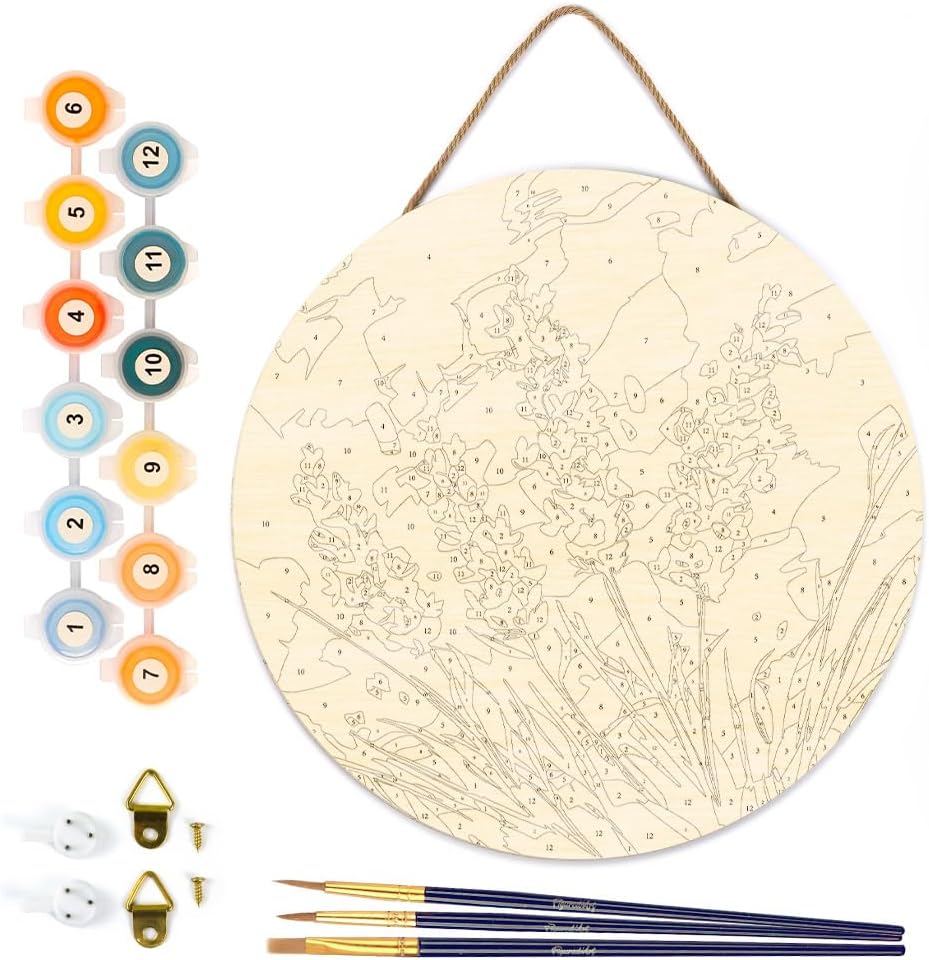 Figured'Art Paint by Numbers Kit for Adults on Wood Slice, 11.8in Diameter - Lavender - Craft Art Painting DIY Canvas