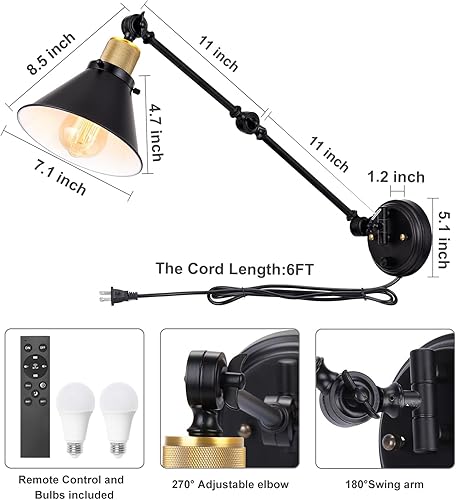 Miniatura 5 de TRLIFE Aplique de pared regulable, apliques de pared con control remoto, atenuación de 10% a 100% y temperatura de color ajustable de 2700 K-6000 K,