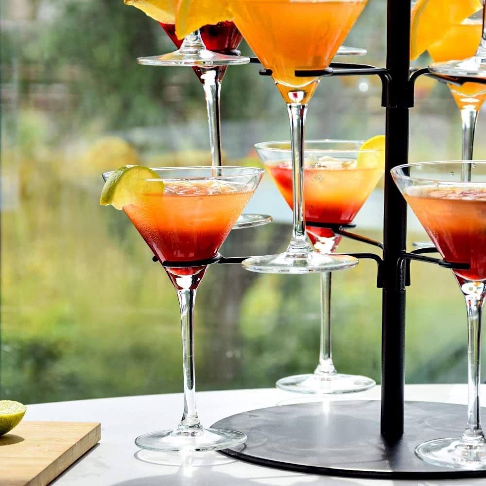 Mikamax Présentoir à Cocktails – Arbre à Boissons à 3 Niveaux Extensible pour 12 Verres – Noir Mat 55,5 cm – Support de Fête pour Cocktails, Champagne et Vin – Facile à Assembler