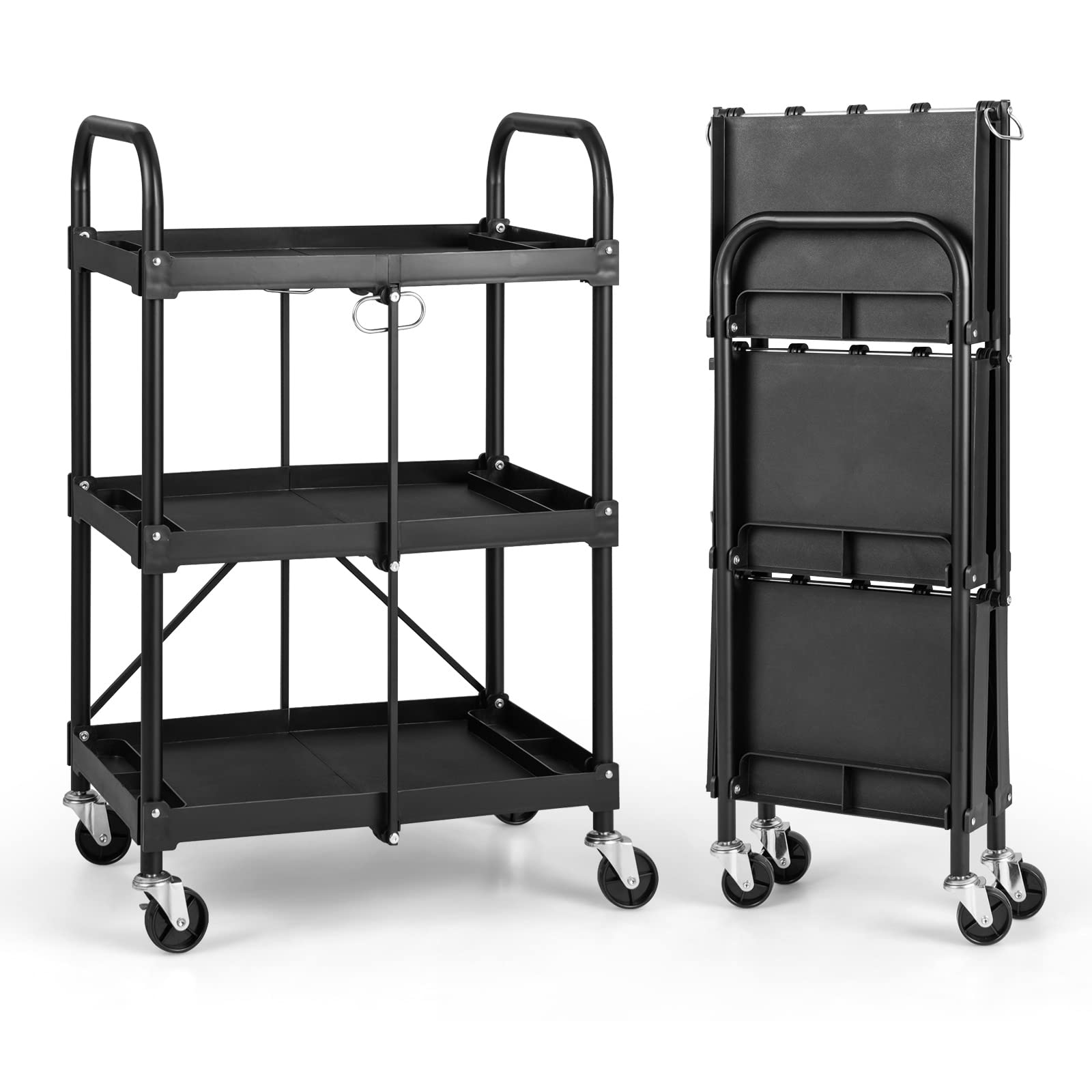 Goplus Folding Utility Cart on Wheels, 250lbs 3-Tier Rolling Tool Cart w/Lockable Casters & Compartments, Fast Fold up Collapsible Metal Service Cart for Office, Garage, Kitchen, Black
