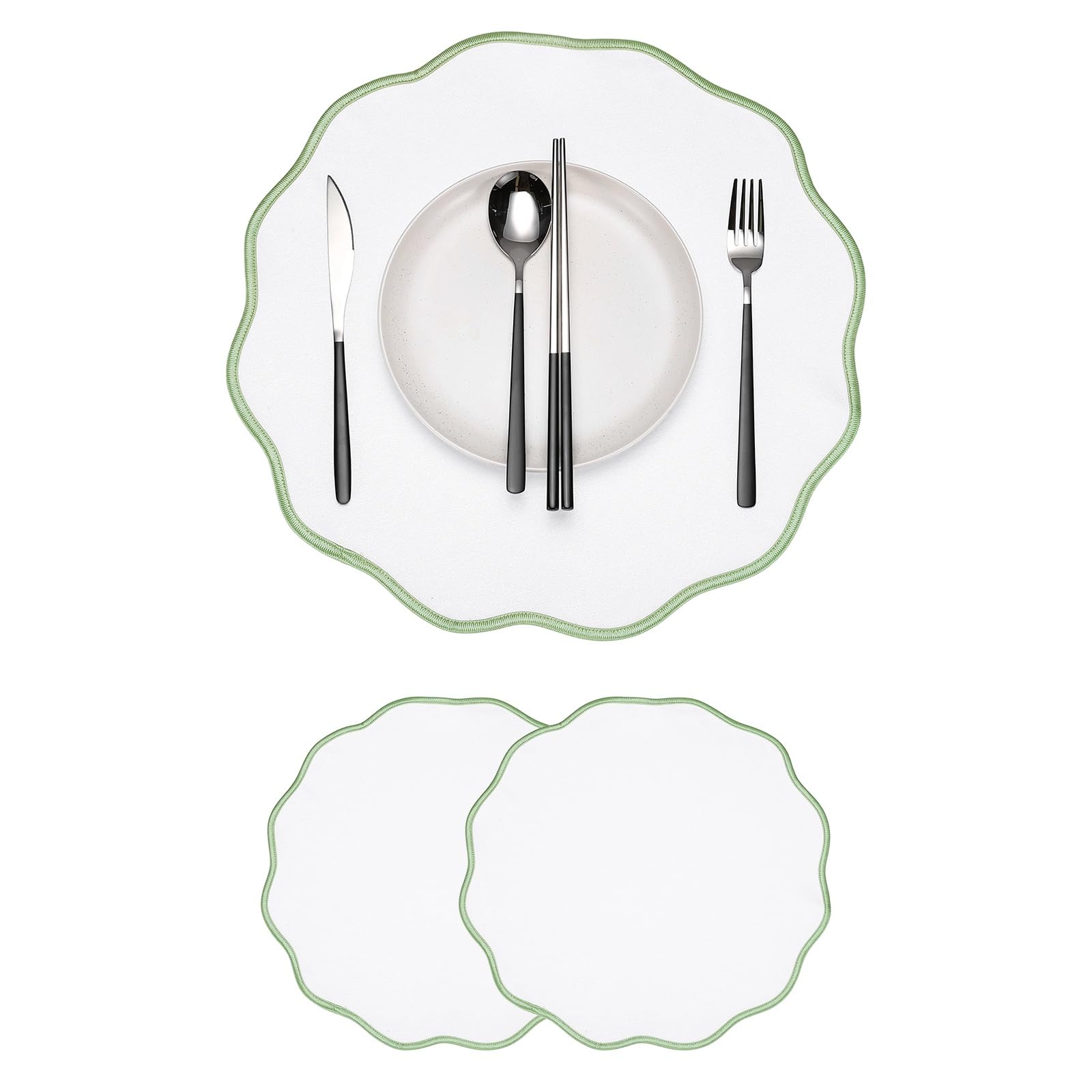 sourcing map 2Pcs Linen Cloth Placemat, 15.7 Inch Round Scalloped Washable Wrinkle Free Cotton Table Mats for Hotel Restaurant Weddings Events Parties Kitchen Decor, Green