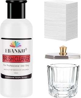 EBANKU 120ml Acrylic Nail Brush Cleaner, 3 in 1 Nail Art Brushes Conditioner Nail Brush Clean Solution Quickly Clean With Glass Cup and 100 Pcs Cleansing Pad for Solid Gel Polish/Nail Extension Gel