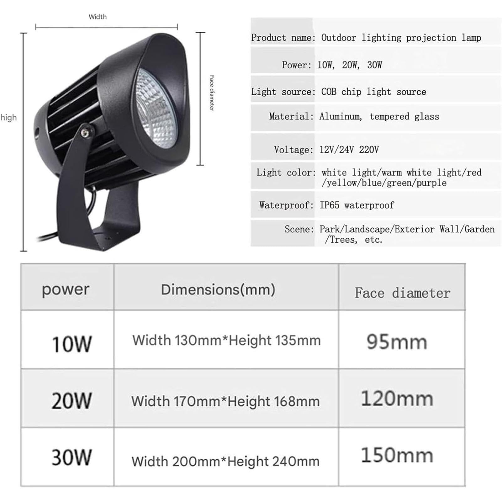 Zewnętrzne reflektory LED do zabudowy (220 V), wodoodporne diody LED IP65 do drzew, reflektory COB do ogrodów, willi, dziedzińców i trawników, oświetlenia krajobrazu (Red, 20 w)