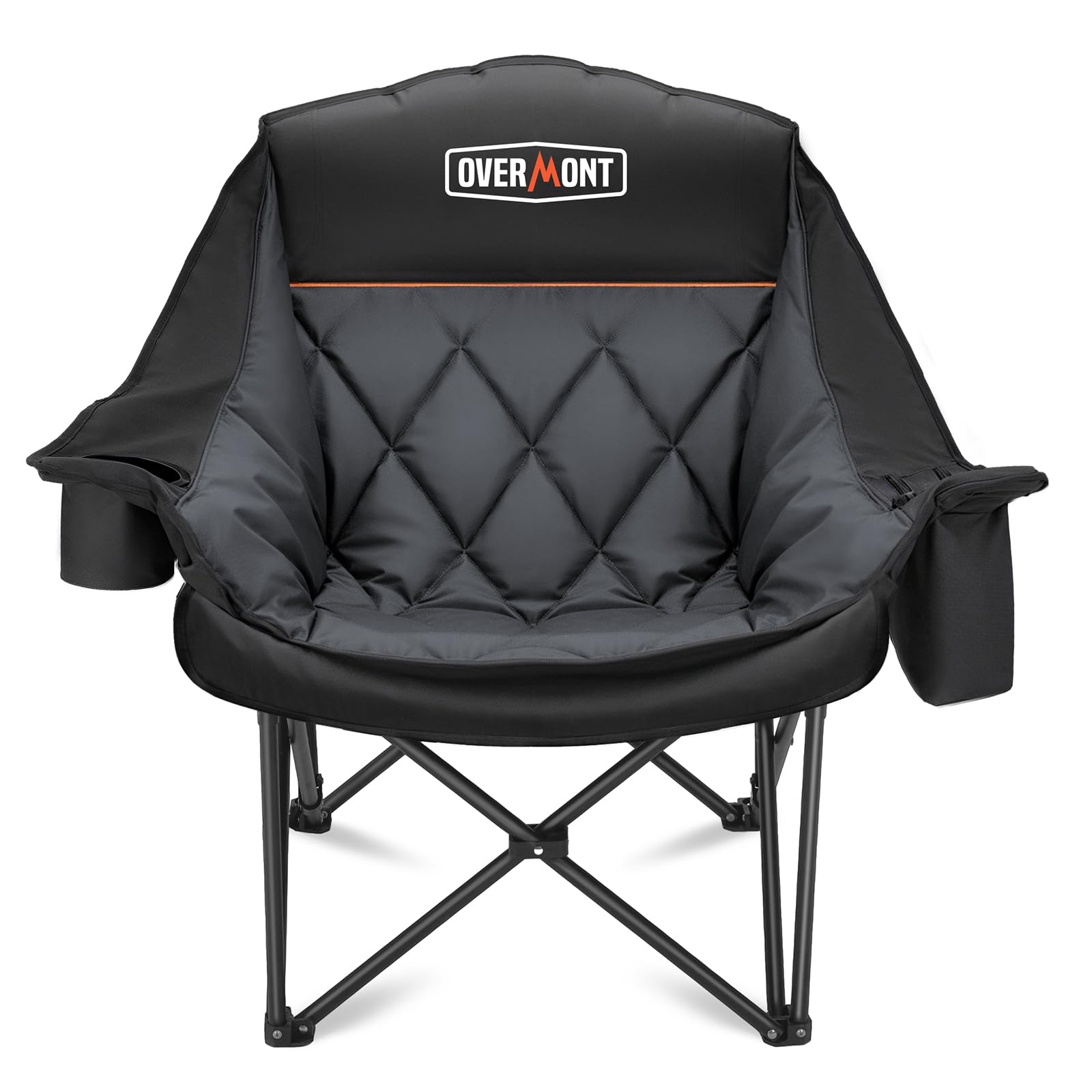 Overmont Oversized XL Camping Chair for Adults - 450lbs Support Heavy-Duty Padded Folding Chair with Side Pocket Cup Holder Cooling Bag for Outdoor Sports Garden Beach Fishing Lawn Black