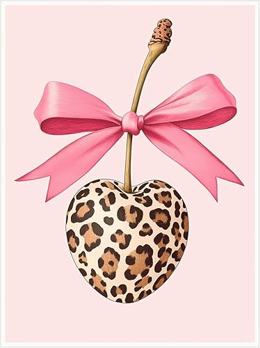 Arte de pared con estampado de guepardo rosa, arte de pared retro con lazo de cerezo, pósteres de lienzo para dormitorio, dormitorio, habitación de