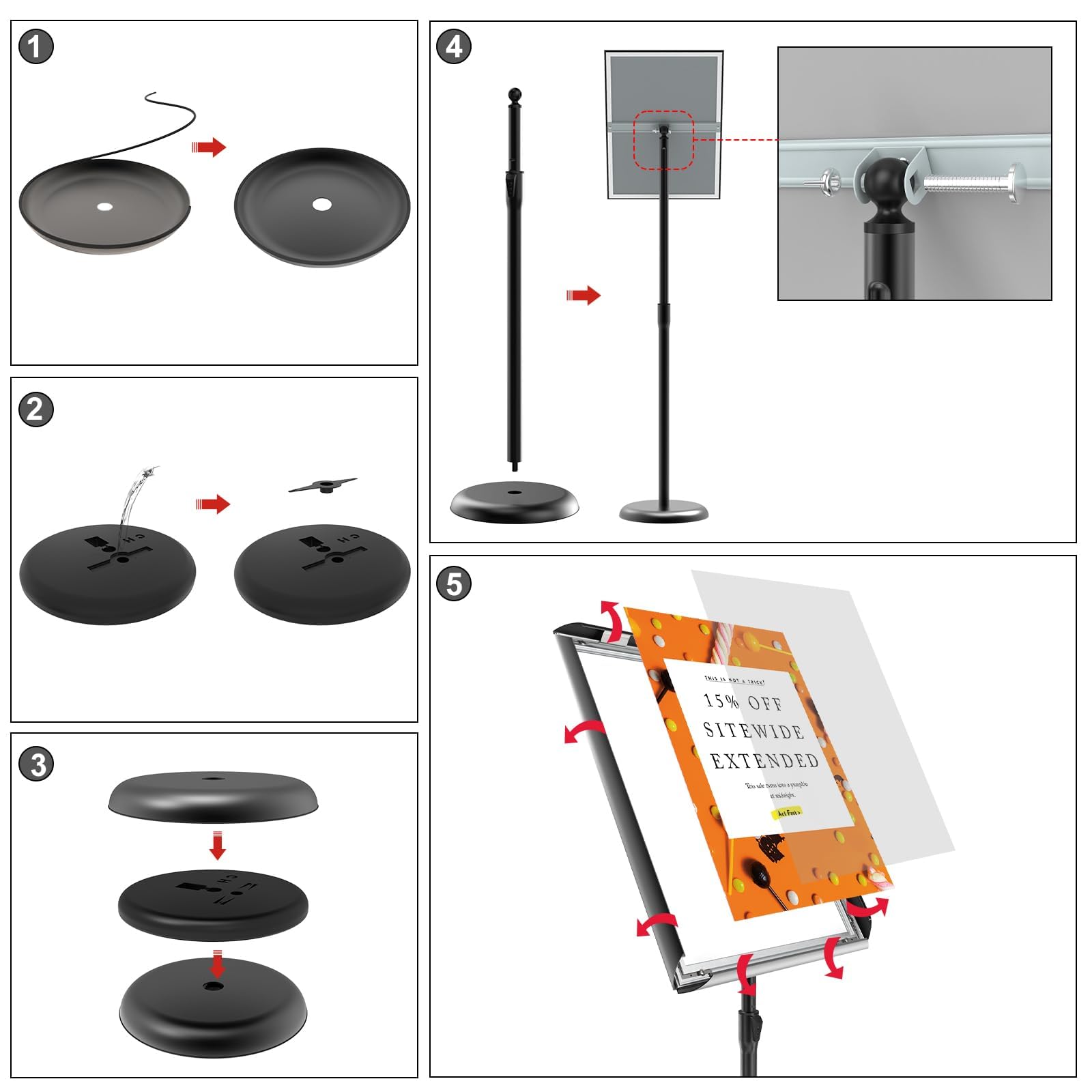 KOOV Soporte para carteles de 8.5 x 11 pulgadas, soporte ajustable para carteles, soporte de pie para carteles, pedestal resistente con base redonda para exhibición, publicidad y al aire libre