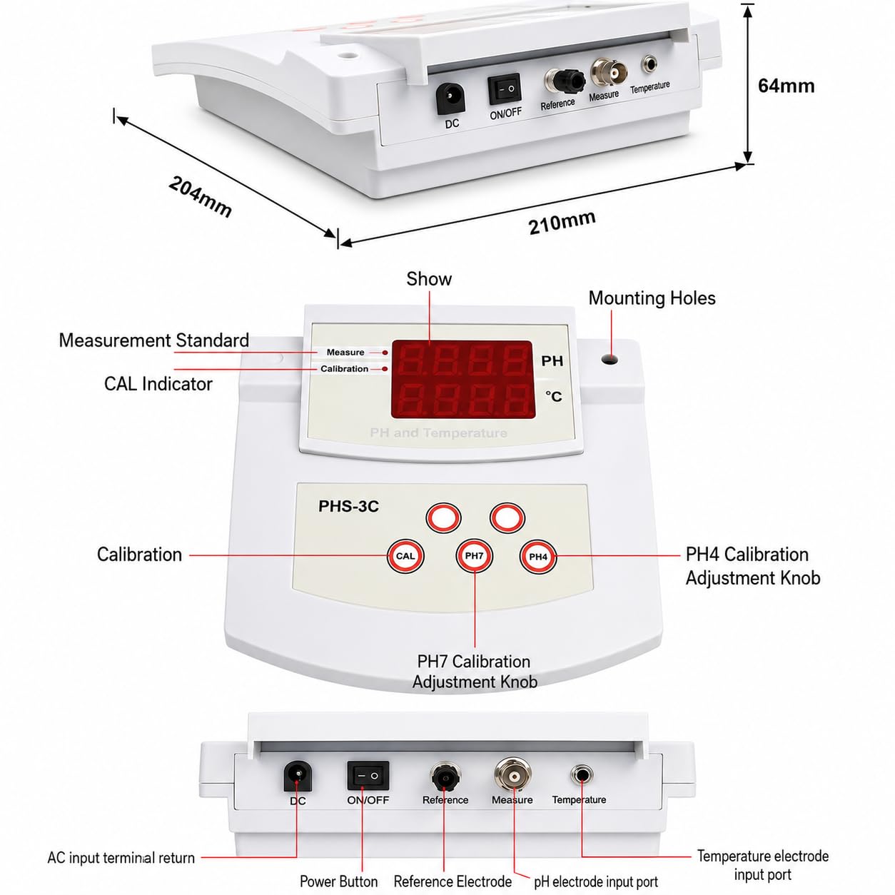 Medidor de pH de laboratorio de mesa, medidor de acidez de escritorio con pantalla LED, soporte, 2 electrodos de pH/temperatura y calibración automática de 2 puntos