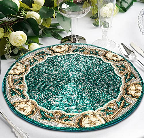 Beaded Placemats,Beaded Placemats Round Teal Silver White Gold 13