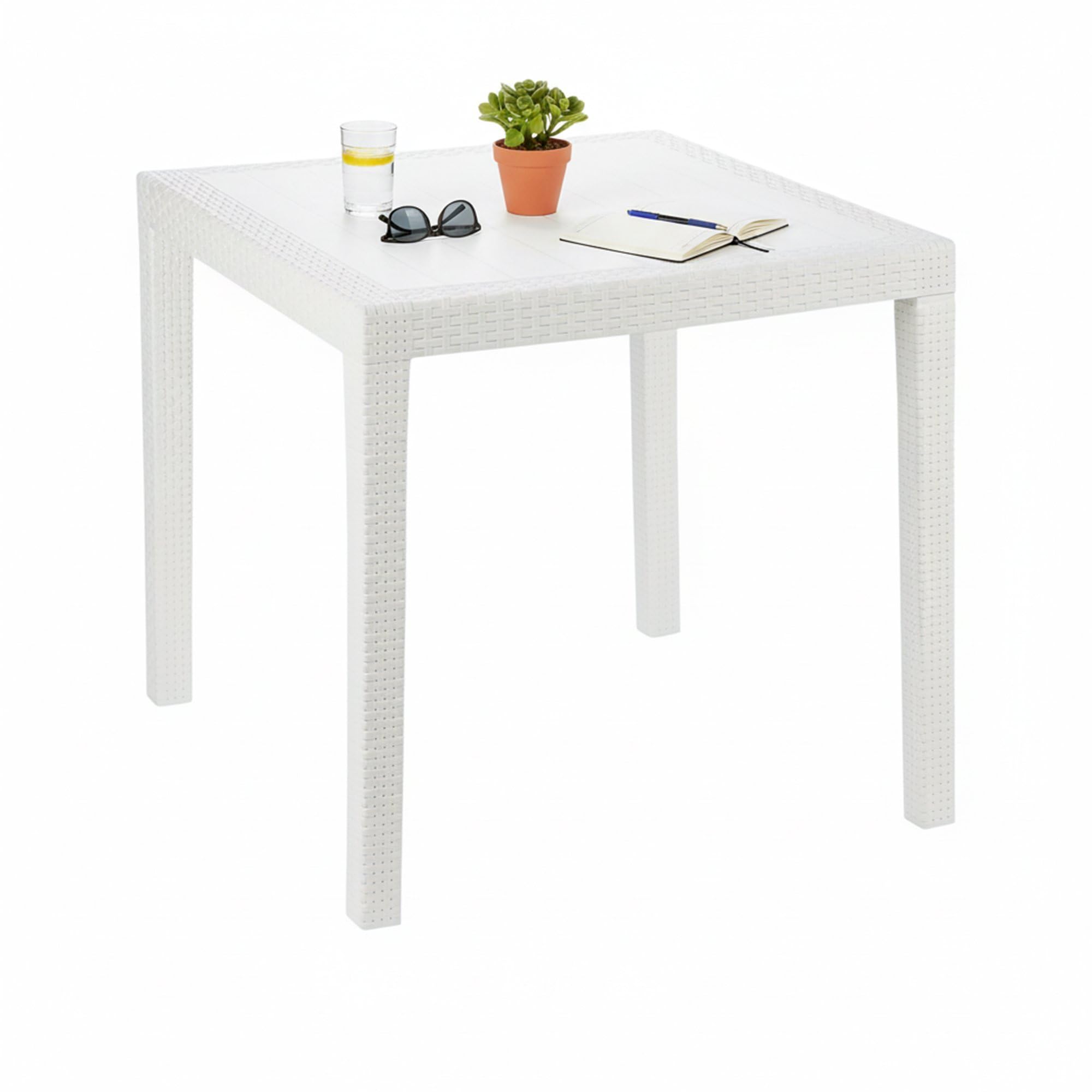 Dmora - Tavolo da esterno Agrigento, Tavolo quadrato da giardino, Tavolino fisso effetto rattan, 100% Made in Italy, 79x79h72 cm, Bianco