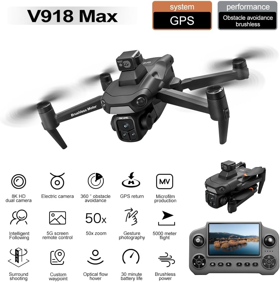 GPS Drone with 1080P Triple HD Camera 5G Screen Remote Control, 360° Laser Obstacle Avoidance GPS Auto Return Foldable Aerial Photography RC Quadcopter V918 MAX Hobby Drone for Adults with 2 Batteries