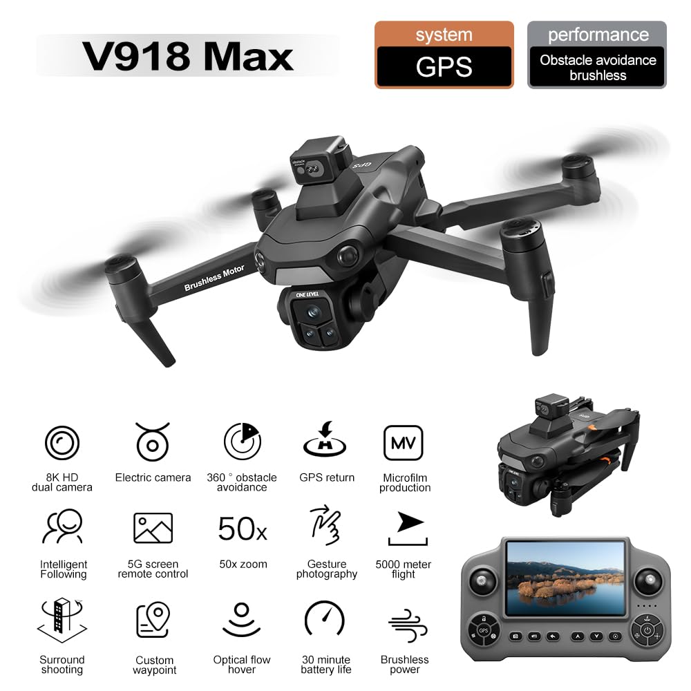 Drone GPS con fotocamera 2K HD, telecomando display 5,1", quadricottero FPV pieghevole per principianti, posizionamento ottico, ritorno con un tasto, evitazione ostacoli, 2 batterie, scheda SD