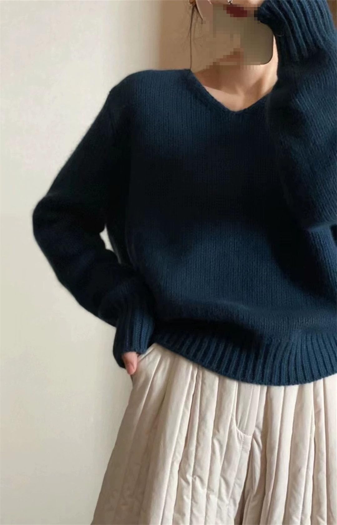 Maglia da donna a maniche lunghe oversize girocollo in cashmere con fondo in maglia