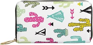 Carteiras femininas de couro genuíno colorido verão cacto flecha porta-cartão de crédito com zíper organizador de embreagem de couro feminino bolsa longa viagem, Flecha de cacto de verão colorida, 7x4.3x0.8 Inches