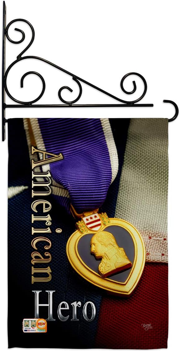 Purple Heart Hero Garden Flag Set Wall Holder Armed Forces Military Service All Branches Support Honor United State American Veteran Official Small Gift Yard House Banner 13 X 18.5