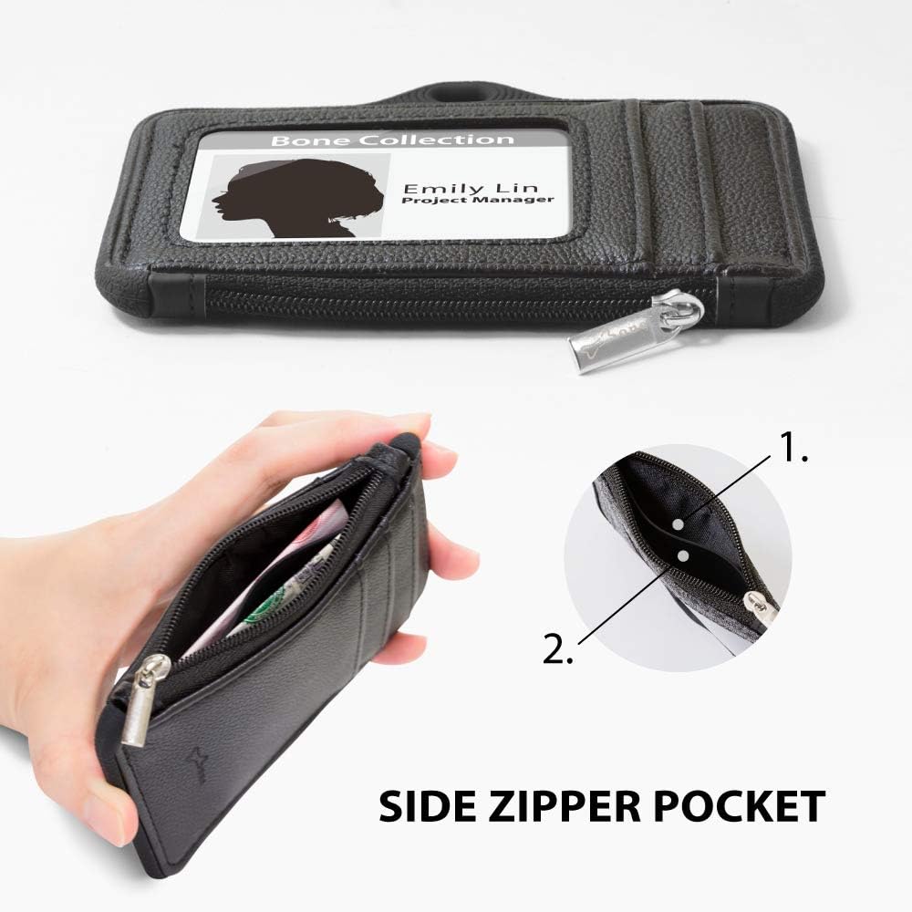 【Bone】 Lanyard Wallet ID Badge Holder with Lanyard, Premium Leather Badge Holder Wallet Case with ID Window, Credit Card Slots, Zipper Pocket and Silicone Neck Lanyard (Hor/Sand Black)