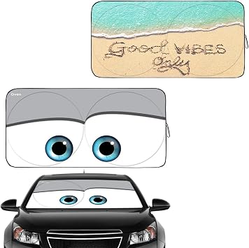 Gven Windshield Shade, Car Sun Shade for Front Windshield Funny Car Eyes Sunshades Sun Visor Protector Blocks UV Rays Foldable 210T Keep Your Vehicle Cool Eyes-Grey, S + Good Vibes Beach S