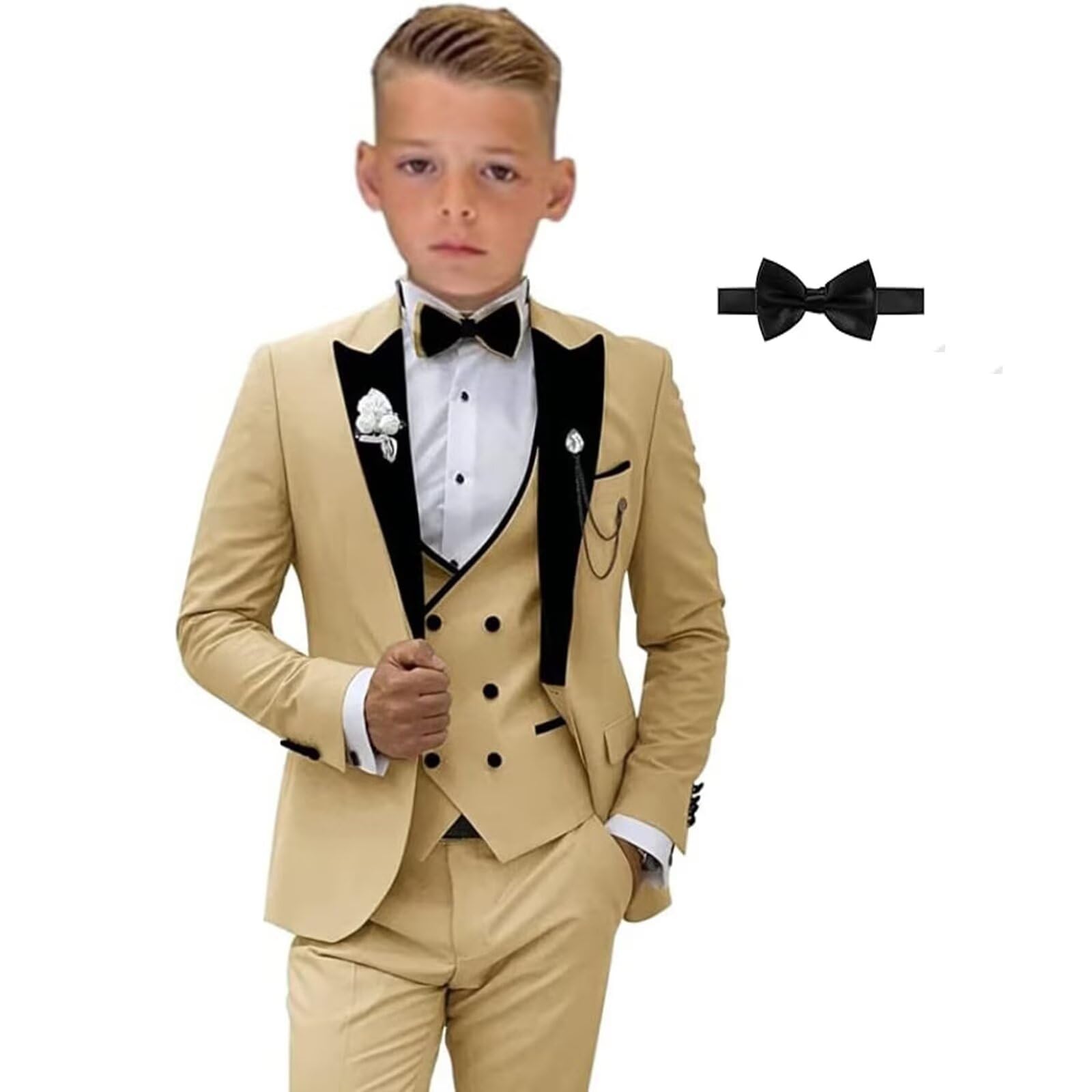 Photo 1 of SAROULU Formal Suit for Boys, 3 Pieces Slim Fit Boy Suits for Weddings, Kids Boy's Tuxedo First Class Boy Outfit Champagne