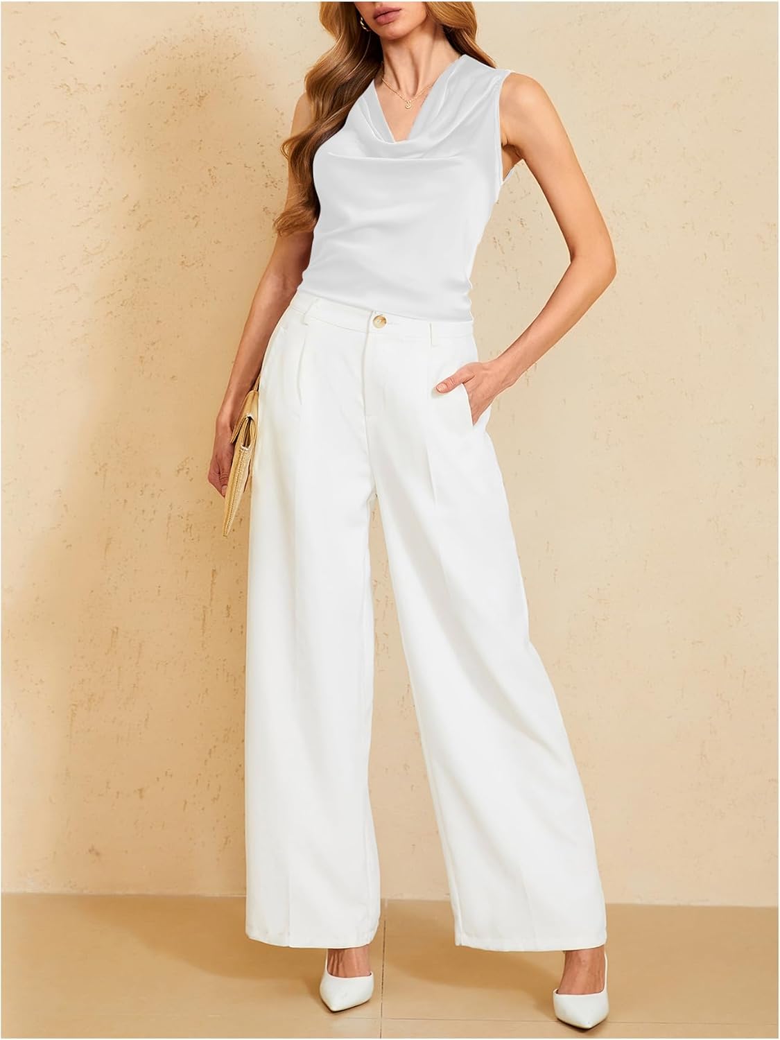 MakeMeChic Women's Draped Cowl Neck Camisole Silk Satin Tank Tops Office Work Shirt Summer Blouse - Image 5