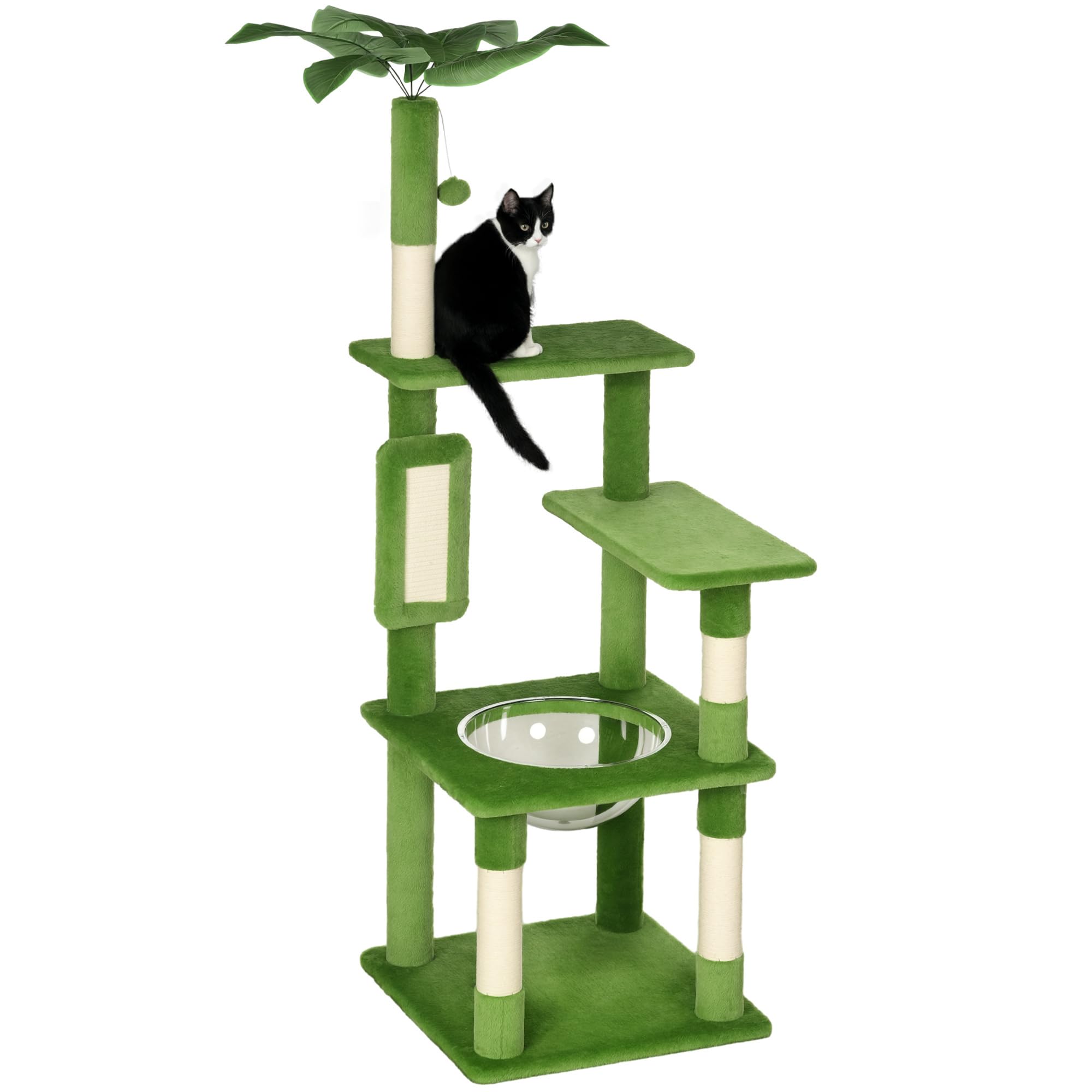 PawHut Albero per Gatti Multilivello Amaca Tiragraffi 49x49x142 cm Verde | Pallina, Foglie Decorative, Rivestimento in Peluche