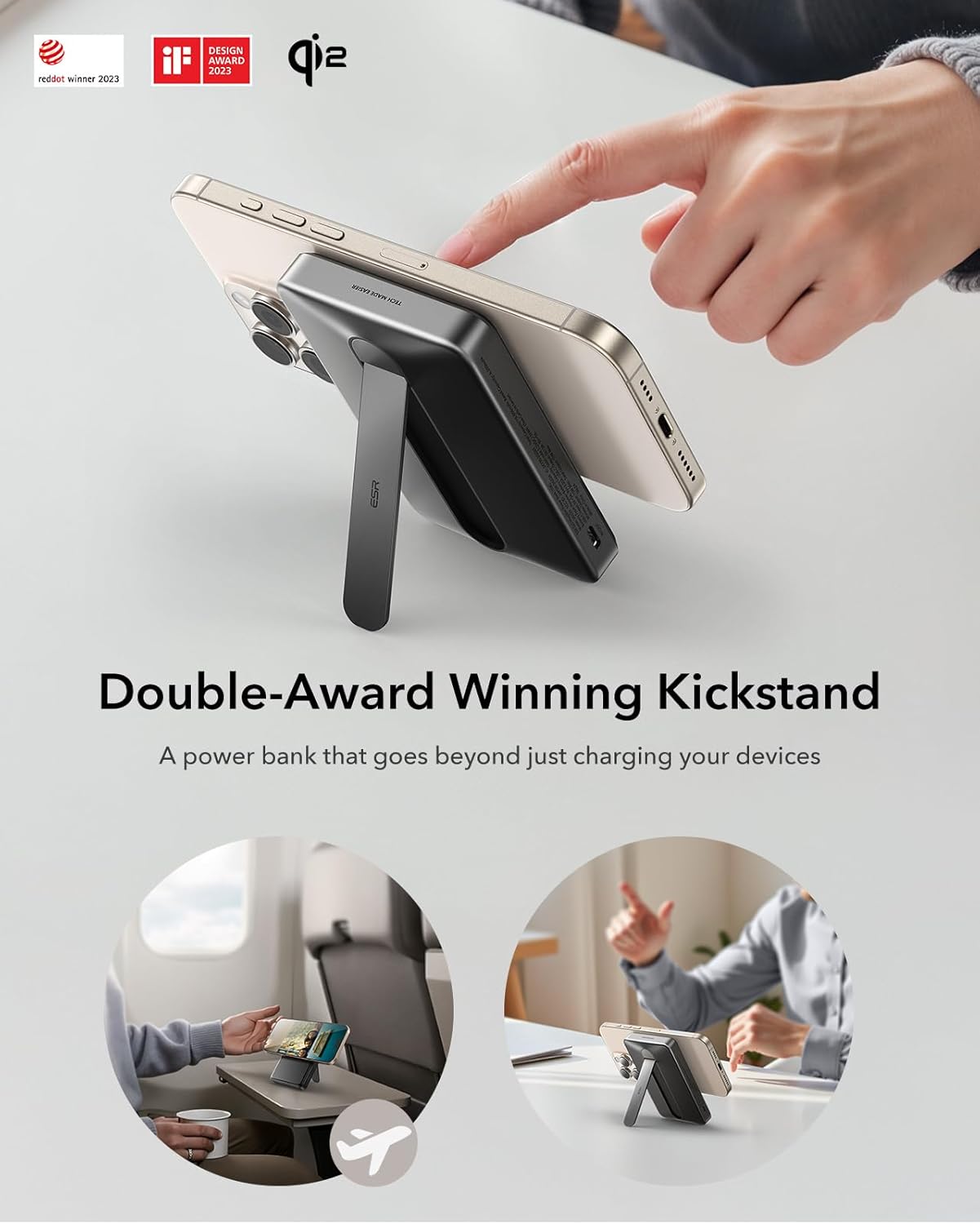 ESR MagSafe Power Bank with kickstand supporting a phone