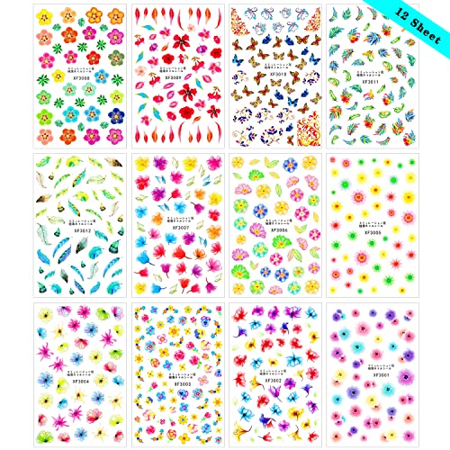 Flower Nail Art Sticker Decals 3D Spring And Summer Flowers Exquisite Pattern Nail Art Supplies Nail Art Decoration Colorful Lace Flowers Sun Flower Butterfly Design Diy Acrylic Nail Art, 12 Sheet #TOP1