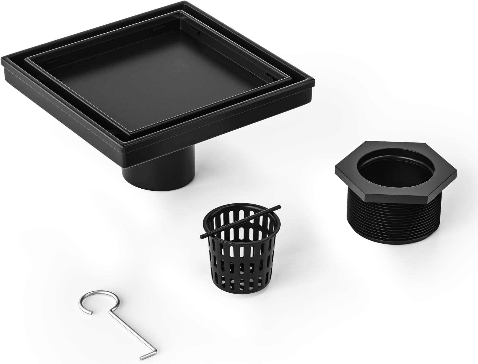Square Shower Drain 6", Matte Black Floor Drain with Tiled Insert Grate & Hair Strainer, 304 Stainless Steel Bathroom 2-in-1 Tiled in Drain, CUPC Certified (Matte Black, 6'')