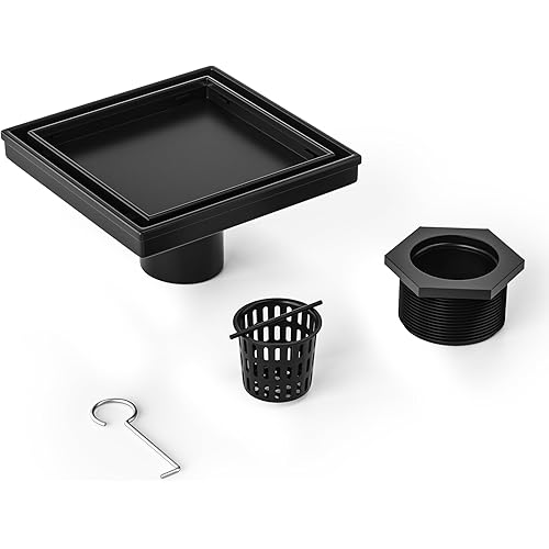 Square Shower Drain 6", Matte Black Floor Drain with Tiled Insert Grate & Hair Strainer, 304 Stainless Steel Bathroom 2-in-1 Tiled in Drain, CUPC Certified (Matte Black, 6'')