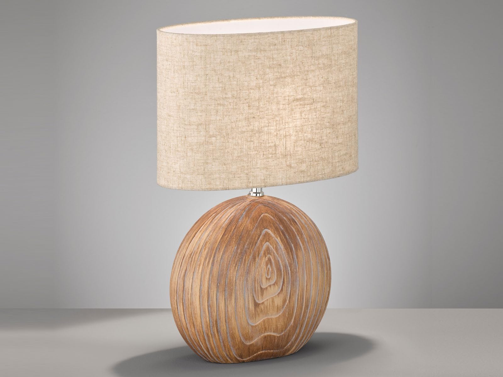 meineWunschleuchte Tischlampe mit Keramikfuß Holzfarben & Lampenschirm Leinen Beige, 53cm groß