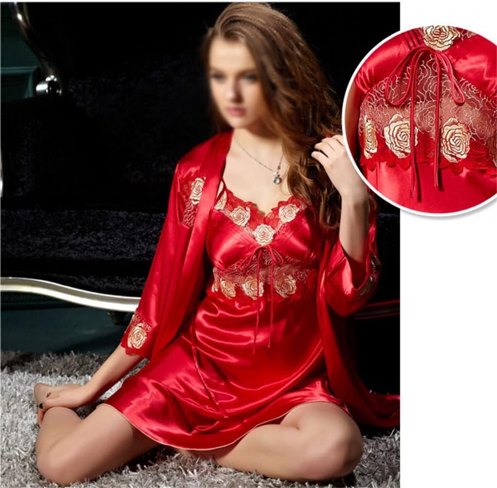 Spring and Autumn Sexy Ice Silk Sling Pajama Dresses Women's Two Pieces of Imitation Pajamas