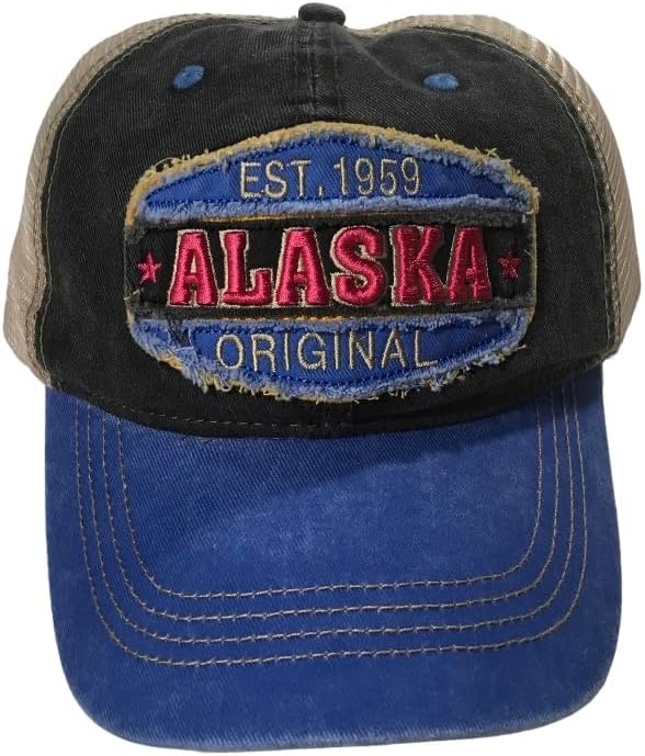 Quality Ball Cap Hat Alaska Distressed Patch Baseball Cap Adjustable Low Profile Mesh Back