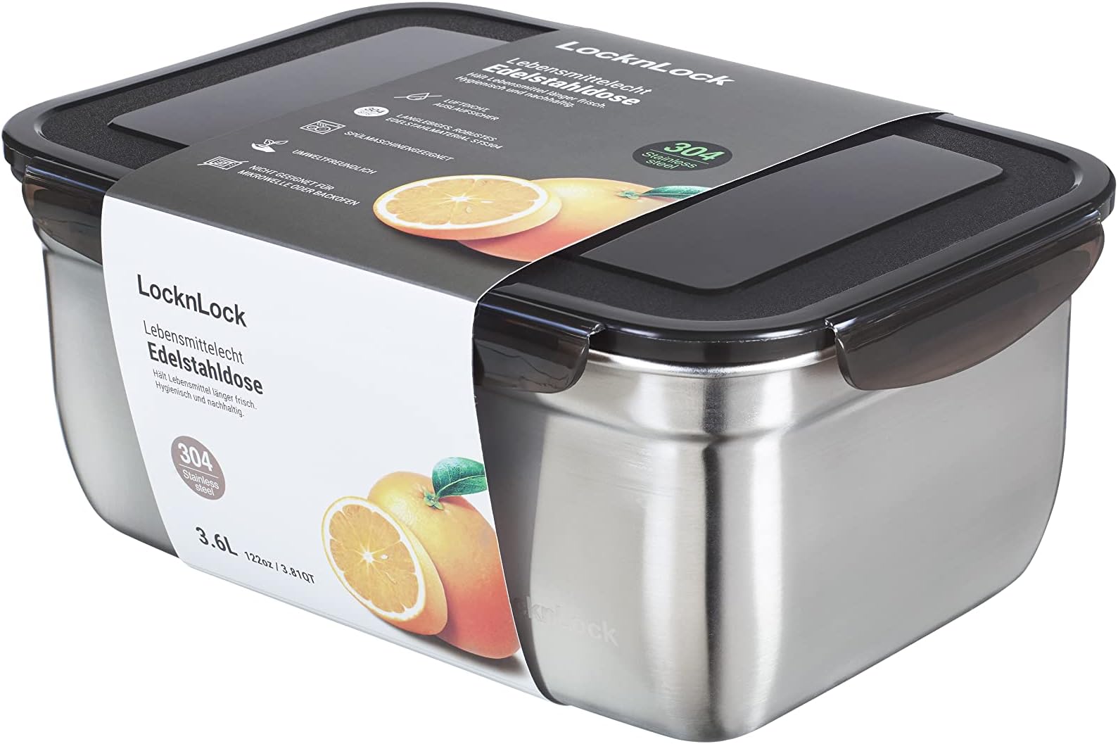 LocknLock stainless steel storage container with lid, 3.6 L, 265 × 185 × 110 mm, BPA-free, dishwasher-safe, freezer-safe down to -20°C, stainless steel storage box with lid