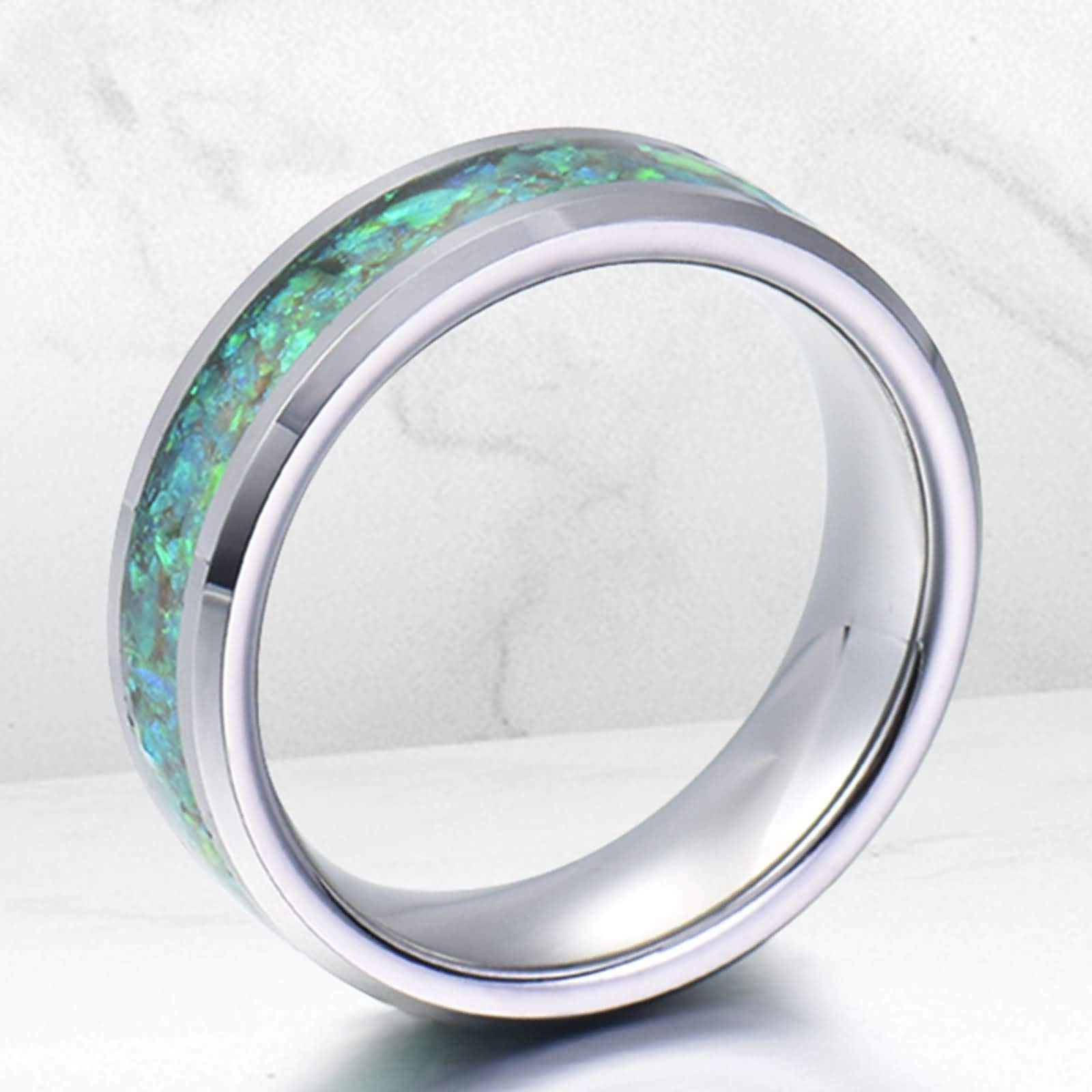 Anello Carburo di Tungsteno Anello Intarsio in Opale Comfort Fit Anello Tungsteno Personalizzabile 8MM Anello Promessa Argento Verde Misura 12-31