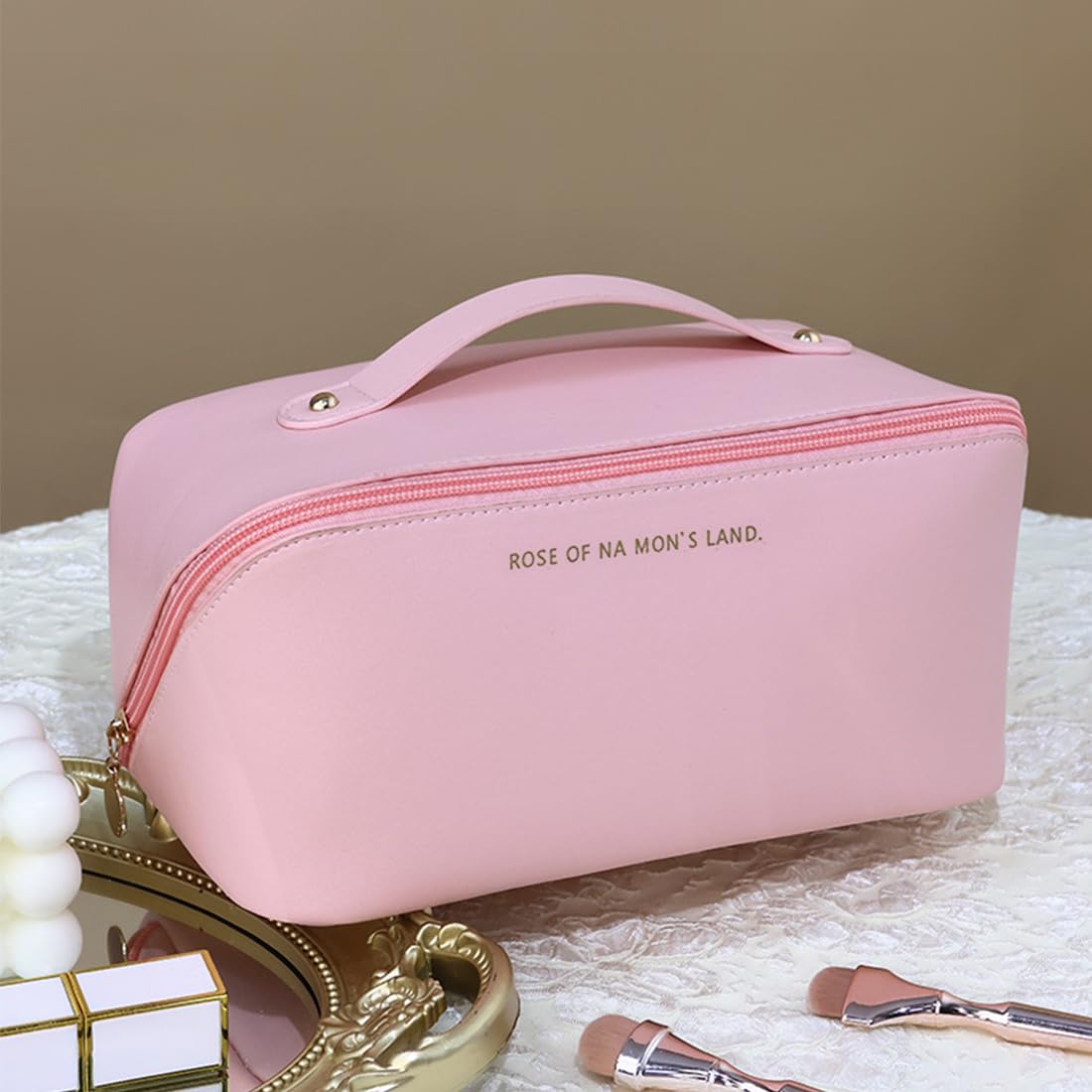 1pcs Borsa Cosmetica da Viaggio,Borsa Cosmetica da Donna in Morbida Pelle PU, Borse da Toilette Impermeabile Portatile,Perfetto per Viaggio/All'aperto,il rosa