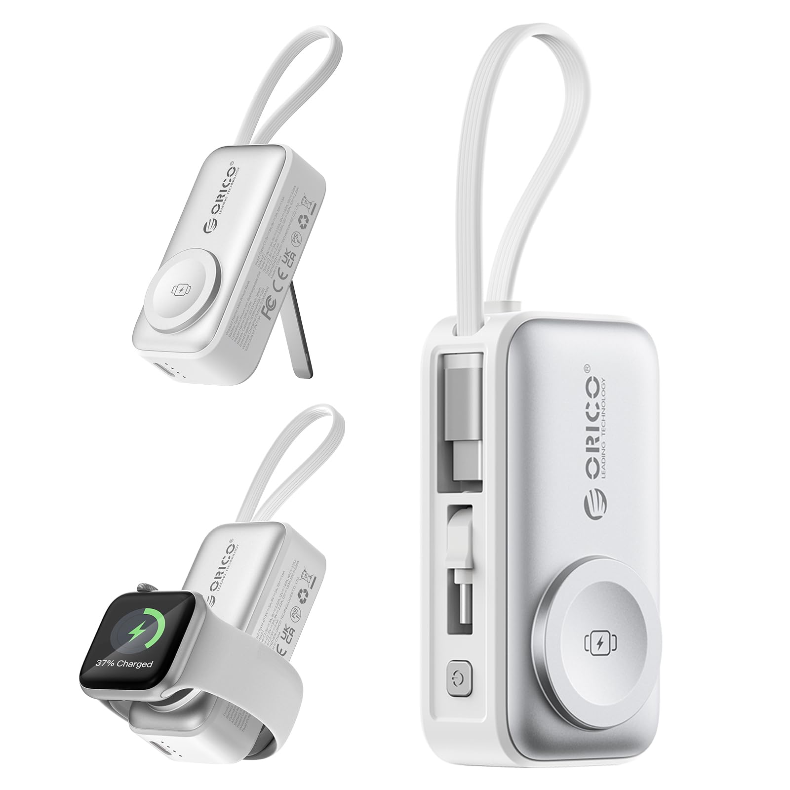 ORICO Mini Batterie Externe 5000mAh, Compatible avec Apple Watch et iPhone | Charge rapide PD 22,5W, connecteur USB-C pliable, câble USB‑C intégré, Blanc