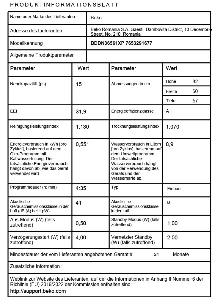 Beko BDDN36561XP Geschirrspüler 60 cm, unterfähig, für 15 Maßgedecke, 5 Programme, 6 Zusatzfunktionen, 3 Spülebenen, PowerIntense, SilentWash, SelfDry, Programm für halbe Beladung, edelstahl