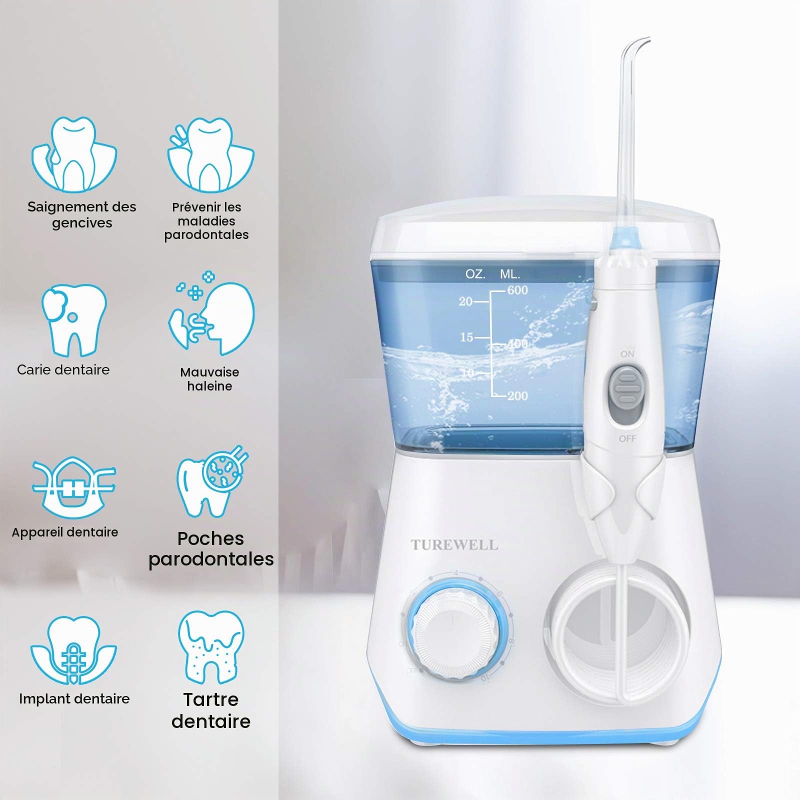 TUREWELL Jet Dentaire Hydropulseur - Avec 8 Buses Multifonctions, 10 Réglages de Pression D'eau, IPX7 Étanche, 600ML Irrigateur Dentaire Pour Les soins Familiaux (Blanc)