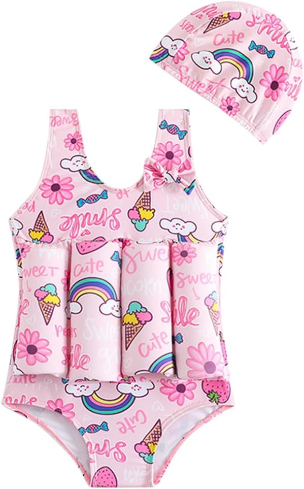 IDOPIP Toddler Girls Striped Floatation Swimsuit Baby Float Suit Swim Vest with Buoyancy Floaties One Piece Bathing Suit 4-8T