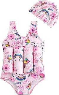 IBTOM CASTLE Float Swimsuit for Toddler Girls Boys One Piece Floation Swimsuit+ Cap,Swim Vest for Beach Pool 4-8 Y